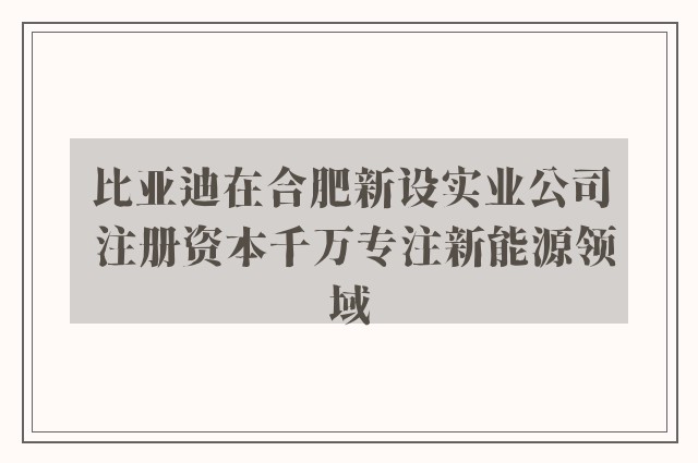 比亚迪在合肥新设实业公司 注册资本千万专注新能源领域