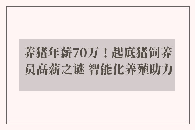 养猪年薪70万！起底猪饲养员高薪之谜 智能化养殖助力